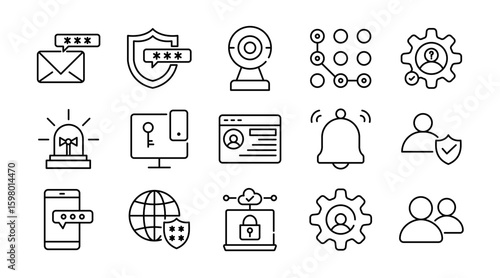 Authentication linear icon set. Password, security, lock, privacy, login, access, identity, user, cyber, encryption, firewall, verification, digital protection, vector icon set. UI thin line icon pack