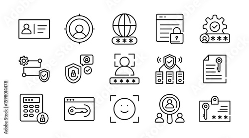 Authentication linear icon set. Password, security, lock, privacy, login, access, identity, user, cyber, encryption, firewall, verification, digital protection, vector icon set. UI thin line icon pack