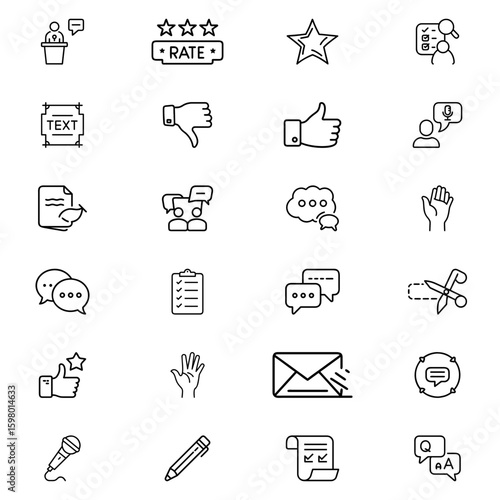 Collection of feedback and communication icons featuring speech bubbles, ratings, and hand gestures