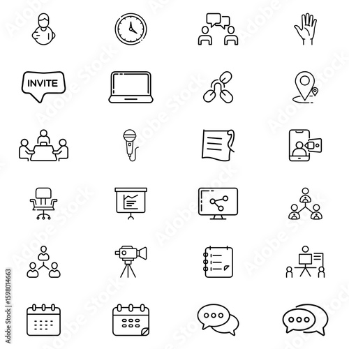 Illustration of business meeting icons including clock, invite, laptop, and presentation board