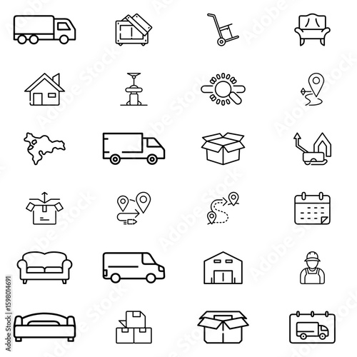 Collection of moving and delivery related icons including trucks boxes furniture and location markers shown