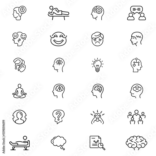 Collection of mental health and psychological wellness icons in a minimalist line art style design