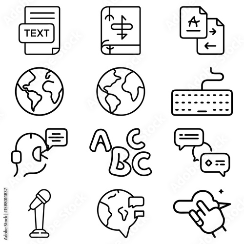 Illustration of language translation icons including text file and globe representations and keyboard icon