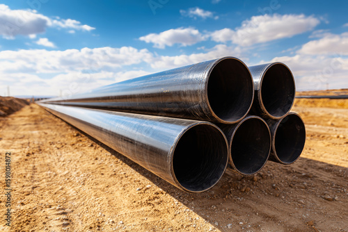 Wallpaper Mural Black industrial pipes ready for installation in desert landscape at construction site for oil and gas infrastructure Torontodigital.ca