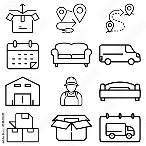 Outline icons depicting moving services including boxes furniture delivery truck and a moving professional