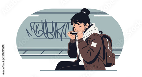 Young Woman Plays Harmonica On Subway Commuting And Expressing Herself Through Music