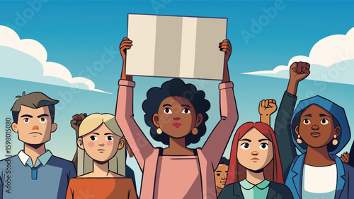 Diverse group of people protesting with a blank sign and raised fists
