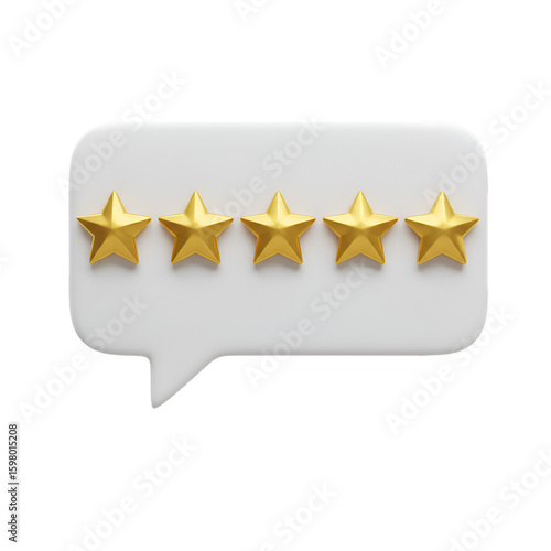 3D Five Gold Stars on White Speech Bubble for Review