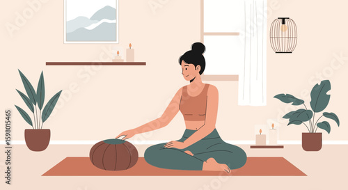 Young Woman Practicing Meditation In A Cozy Interior Setting For Relaxation