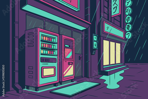 Illustration of a rainy street scene with vending machines and a storefront at night time scene