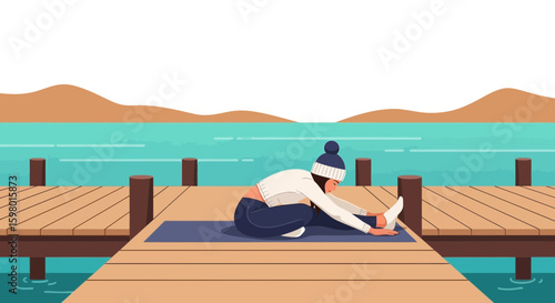 Young Woman Practicing Yoga On Wooden Dock By Water In The Wintertime