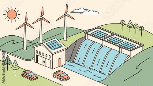 Illustration of renewable energy sources including wind turbines solar panels and hydroelectric dam view
