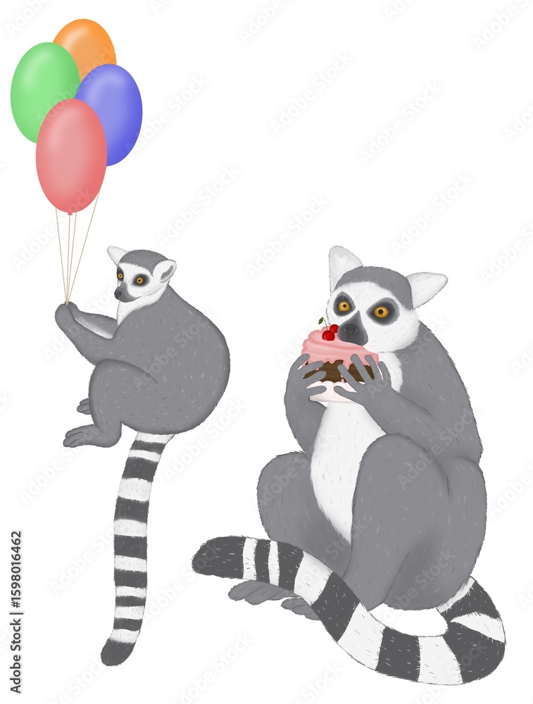 Fototapeta premium Cute ring-tailed lemurs with balloons and cupcake, hand drawn cartoon animals for kids fabric, birthday decor and nursery illustration
