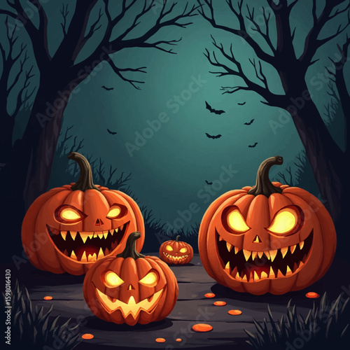 Glowing jack-o'-lanterns grin menacingly in a spooky, dark forest setting on Halloween night.