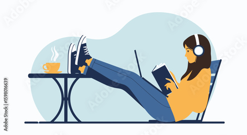 Young Woman Reading With Headphones Relaxing Leisurely At Outdoor Coffee Shop