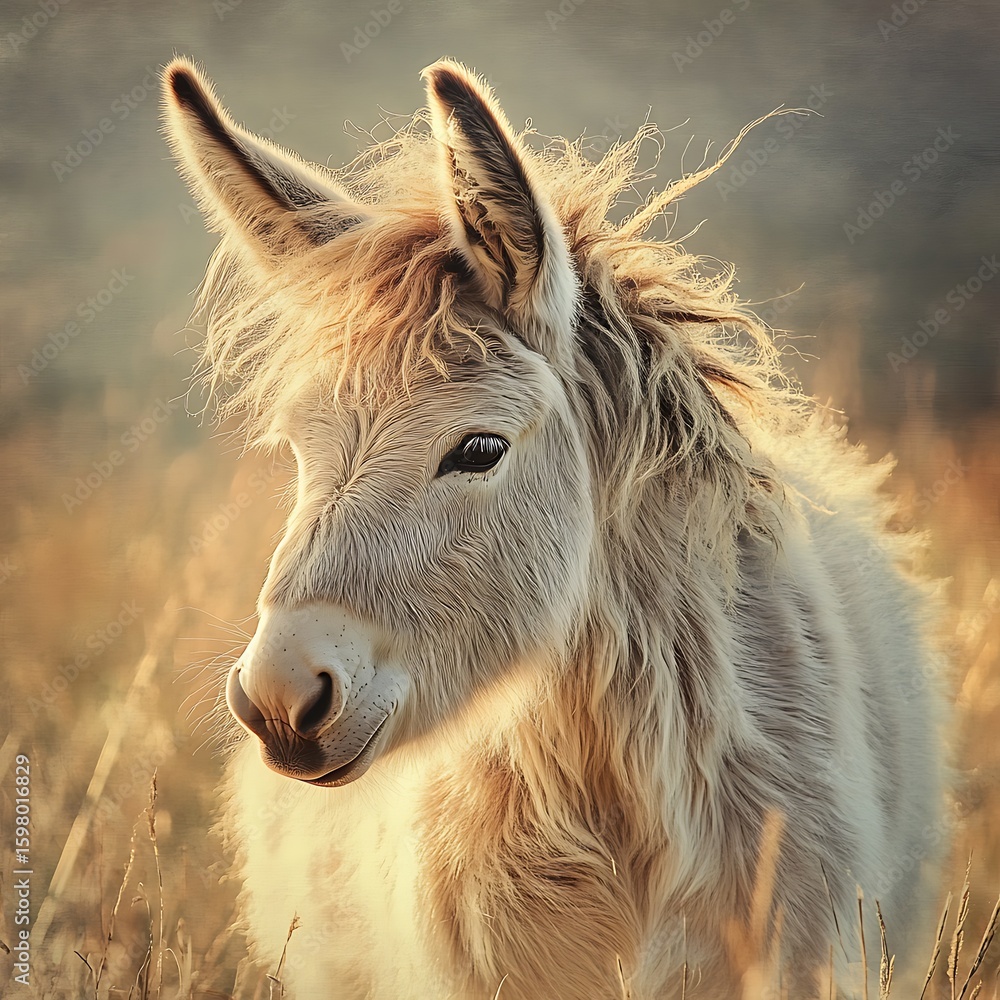 Fototapeta premium Summer sunlight shining on fluffy donkey high resolution picture