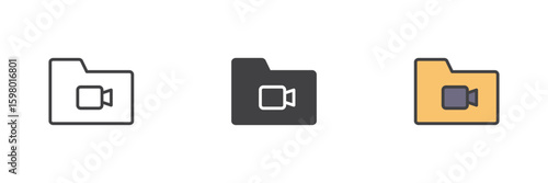 Folder with camera icon set in line, solid and filled outline style