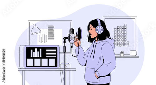 Young Woman Recording Music In Home Studio For Her Radio Station Project