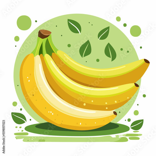 A vibrant cluster of ripe bananas, artfully arranged with fresh green leaves and a captivating artistic flair.