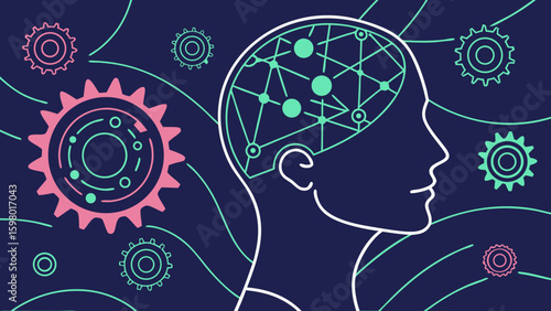Illustration of a human head with brain connections and gears on a dark blue background design concept