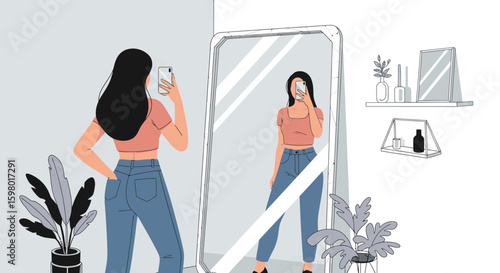 Young Woman Taking Self Portrait In Mirror In Room Minimalist Illustration