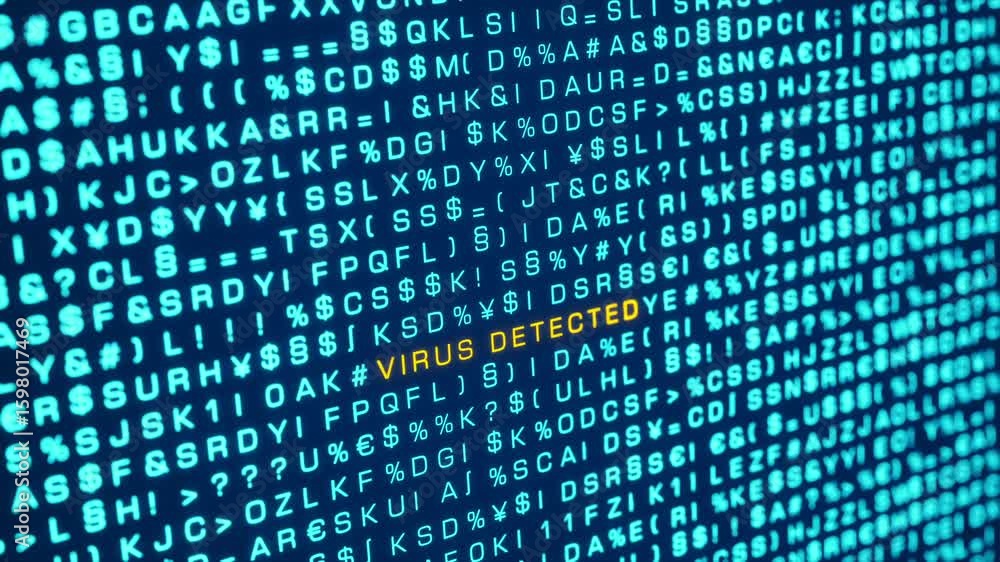 Virus detected, computer warning sign. Random letters, signs, computer ...