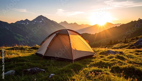 Camping Tent at Sunrise in Mountain Meadow