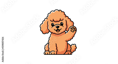 Adorable curly haired puppy waving hello with a friendly smile