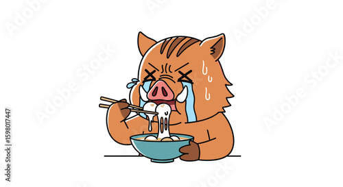 Crying boar eating noodles with chopsticks in a bowl feeling overwhelmed and sweating profusely