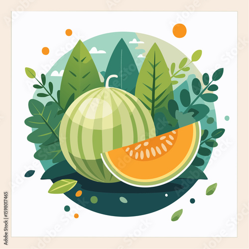 A refreshing still-life illustration of a perfectly ripe cantaloupe, alongside its juicy slice and verdant foliage, celebrates the natural beauty and taste of summer.
