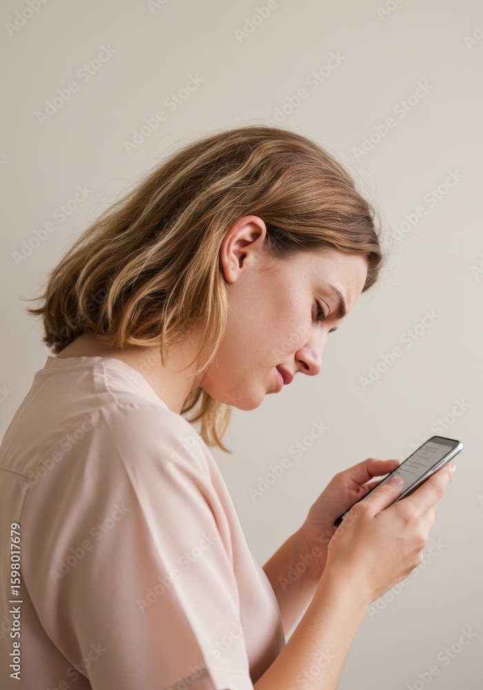 Woman concentrating on smartphone in casual setting, neutral background Woman concentrating on smartphone in casual setting, neutral background