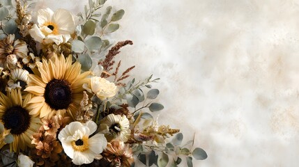 Dried floral arrangement with sunflowers anemones eucalyptus and grasses on textured background dried flowers