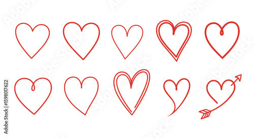 A collection of hand drawn red hearts and an arrow symbolizing love romance affection celebration and valentine's day festivities
