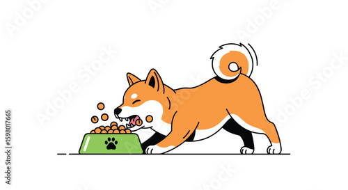 Adorable shiba inu puppy enthusiastically eats kibble from its bright green food bowl on a clean white background