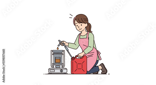 A cheerful woman carefully fills a portable heater with fuel from a red gas can