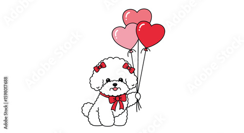 Cute bichon frise dog holding heart shaped balloons with red bow