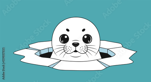 Adorable harp seal pup peeking through ice hole awaiting cold water adventures in arctic