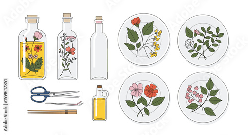 Artistic rendering of botanical infusions tools and decorative plates featuring floral designs