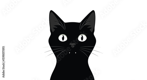 Close up of a black cat with bright white eyes looking directly forward on a white background