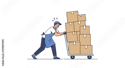 Warehouse worker pushing a cart laden with many tall cardboard boxes demonstrating physical strain and effort while moving freight