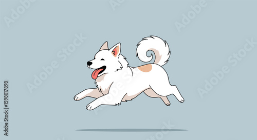 Joyful white fluffy dog running freely in the outdoors on a sunny day with a wagging tail