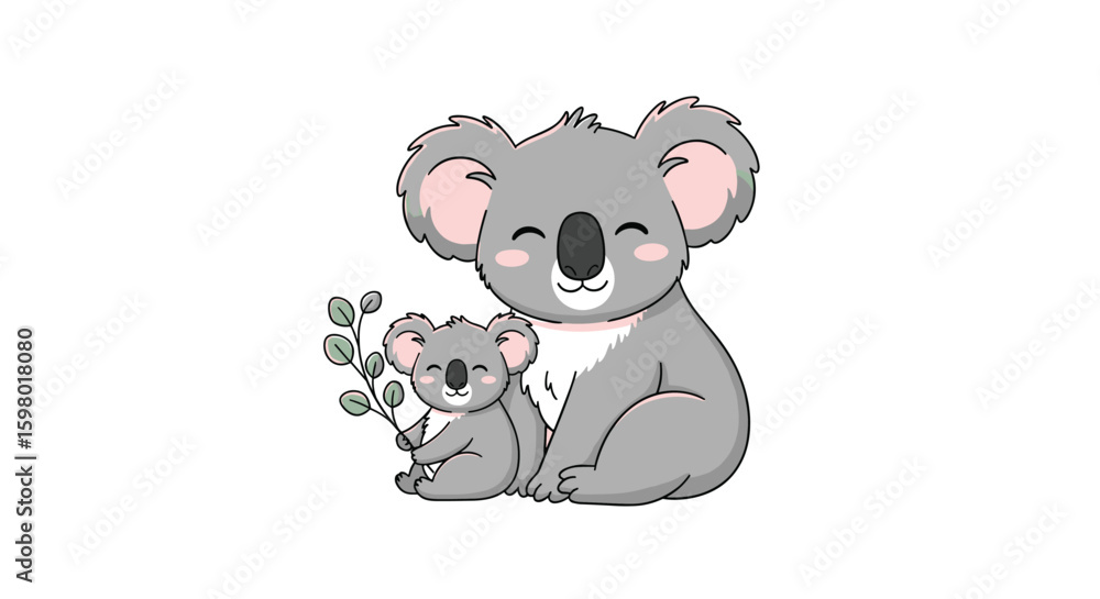 Adorable mother koala and baby sharing eucalyptus leaves with love and gentleness Adorable mother koala and baby sharing eucalyptus leaves with love and gentleness
