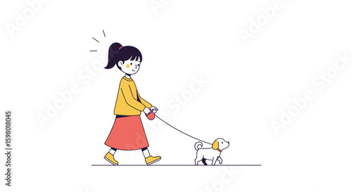 A young girl happily walks her small dog on a leash during a pleasant day outdoors enjoying nature