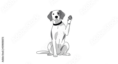 Friendly spotted dog sitting and waving one paw hello greeting enthusiastic canine companion