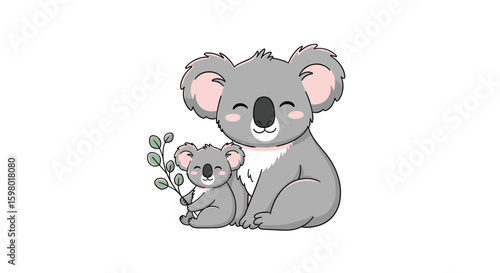 Adorable mother koala and baby sharing eucalyptus leaves with love and gentleness