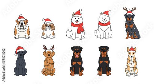 A collection of festive dogs wearing santa hats celebrating the christmas holiday season with joyful expressions