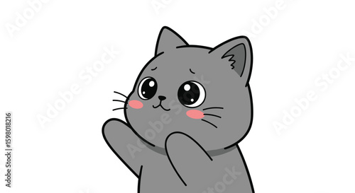 Adorable gray kitten with big eyes waving hello happily in a playful manner