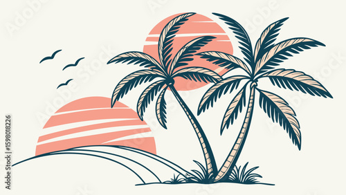 Tropical island beach vector illustration with palm trees, sun, and sea for summer vacation design