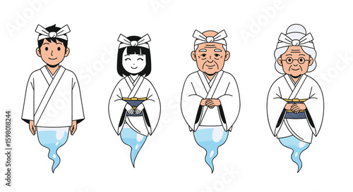 Japanese traditional white clothing family characters with blue ghostly lower halves and headbands for cultural representation