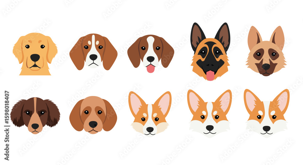 Obraz premium Collection of diverse dog breed heads showing different emotions and expressions